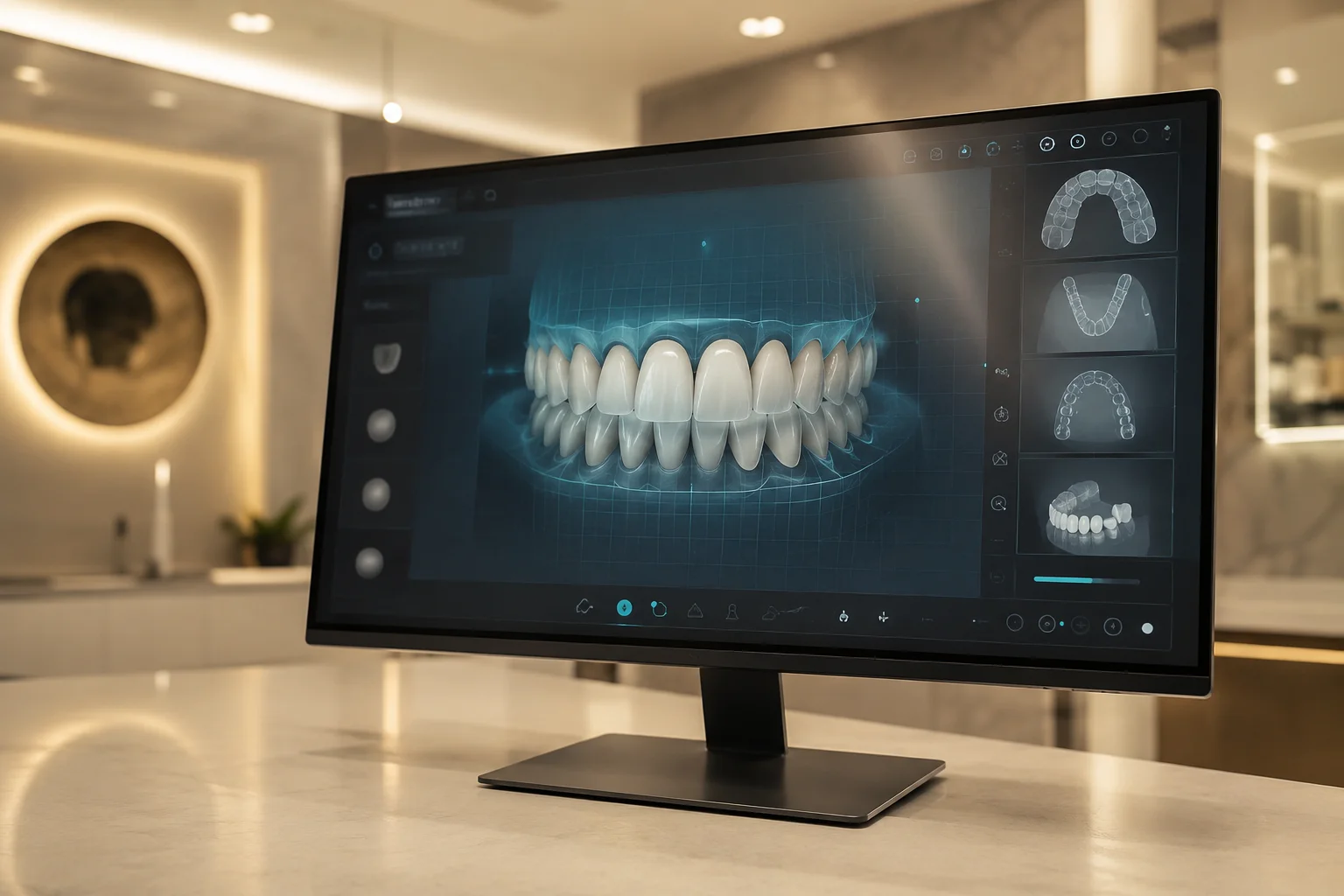Faceta dental translúcida sobre mármore, sob luz quente
