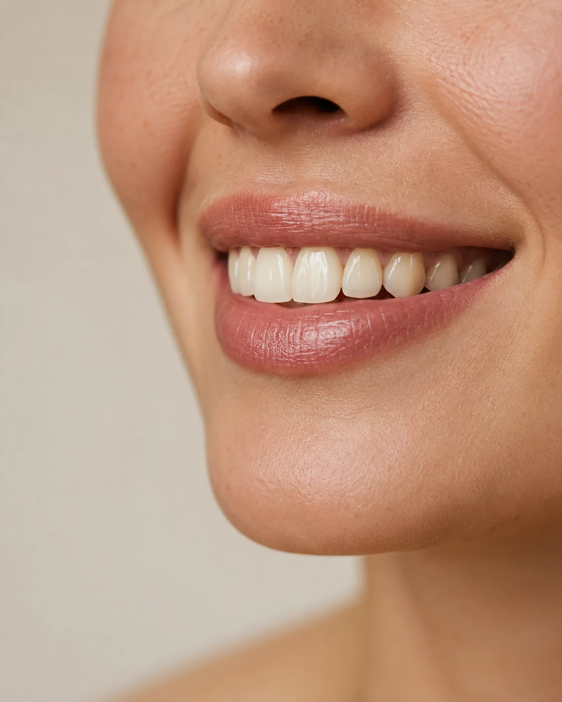 Paciente com sorriso natural e harmônico, em luz quente